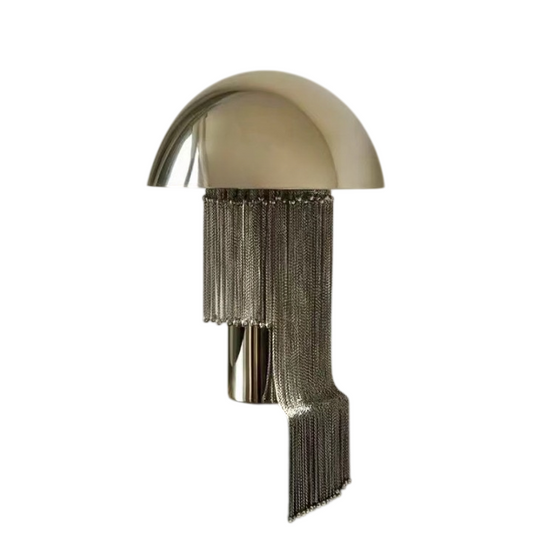 Modern Mushroom Table Lamp, Polished Metal Dome Desk Lamp with Chain Fringe Shade, Button Switch Accent Light for Bedroom, Living Room, Office, Hotel Nightstand Decor