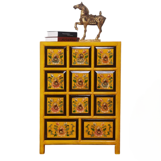 Rustic Farmhouse 11 Drawer Accent Cabinet, Distressed Orange Floral Wood Storage Chest, Apothecary Style Organizer Cabinet for Bedroom, Entryway, Living Room, Hallway, Office, and Media Storage