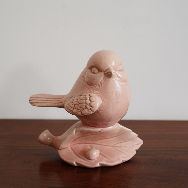 Pink Ceramic Bird Figurine on Leaf, Decorative Tabletop Sculpture, 6.7 Inch