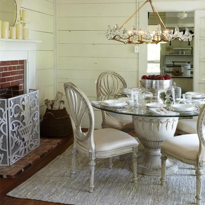 Antique White Round Glass Dining Table with Carved Pedestal