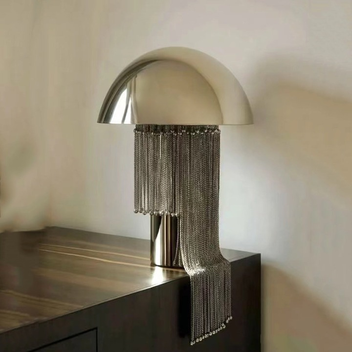 Modern Mushroom Table Lamp, Polished Metal Dome Desk Lamp with Chain Fringe Shade, Button Switch Accent Light for Bedroom, Living Room, Office, Hotel Nightstand Decor