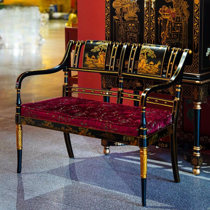 Black and Gold Solid Wood French Chinoiserie Loveseat Bench with Red Jacquard Upholstered Seat, Painted Landscape Backrest and Carved Arms for Entryway and Living Room
