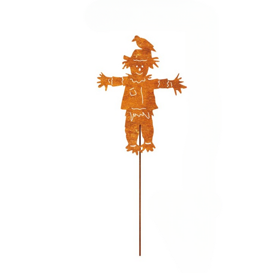 Rustic Metal Scarecrow Garden Stake, Weathered Yard Art with Bird Accent, Vintage Farmhouse Lawn Decor for Garden, Flower Bed, Patio, Yard, Fall Outdoor Decoration