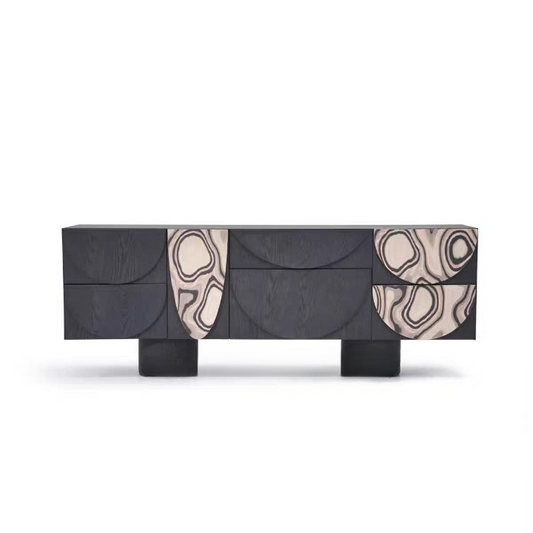 Modern Black Abstract Sideboard Cabinet, 4 Door Geometric Pattern Storage Console, Long Entryway Cabinet for Living Room, Dining Room, Hallway, Hotel Lobby
