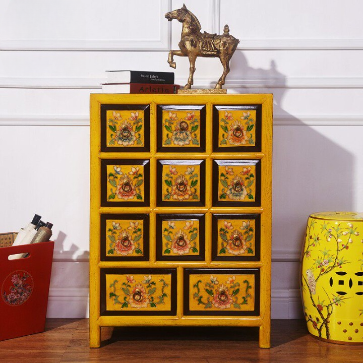 Rustic Farmhouse 11 Drawer Accent Cabinet, Distressed Orange Floral Wood Storage Chest, Apothecary Style Organizer Cabinet for Bedroom, Entryway, Living Room, Hallway, Office, and Media Storage