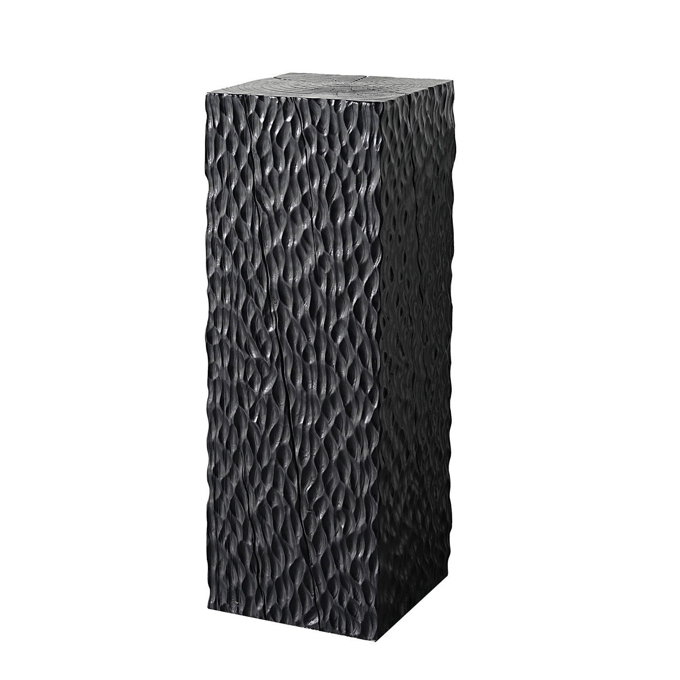 Black Solid Wood Pedestal Side Table, Hand-Carved Wave Texture Display Stand, Tall Square Tree Stump End Table for Sofa Side, Plant Stand, Sculpture Base, Living Room, Hotel, Entryway Decor
