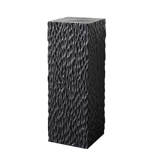 Black Solid Wood Pedestal Side Table, Hand-Carved Wave Texture Display Stand, Tall Square Tree Stump End Table for Sofa Side, Plant Stand, Sculpture Base, Living Room, Hotel, Entryway Decor