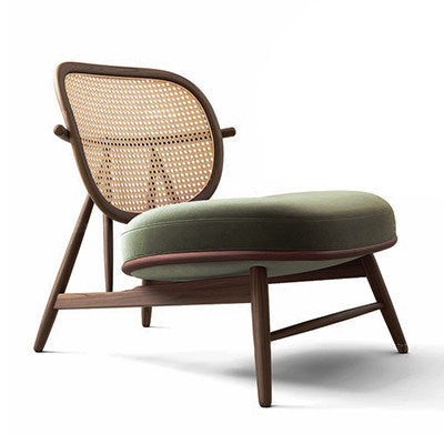 Rattan Cane Back Accent Chair, Solid Wood Lounge Chair with Green Cushioned Seat, Nordic Mid Century Modern Reading Chair, Low Profile Woven Back Armchair for Living Room Bedroom Balcony