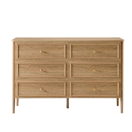 Natural Wood 6 Drawer Dresser Cabinet, French Vintage Style Solid Wood Storage Chest with Carved Bead Trim, Bedroom Drawer Cabinet for Living Room, Entryway, Hallway, Closet, and Bed End Storage