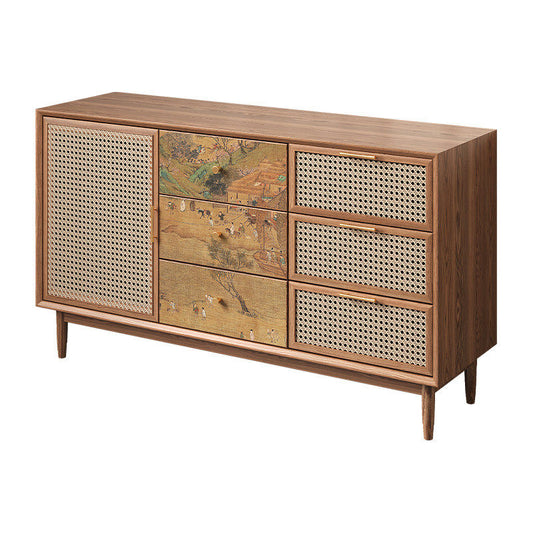 Rattan Sideboard Cabinet, Solid Wood Buffet Cabinet with Cane Door and Landscape Art Drawers, Modern Asian Inspired Credenza for Dining Room, Living Room, Entryway, Hallway, and Storage Decor
