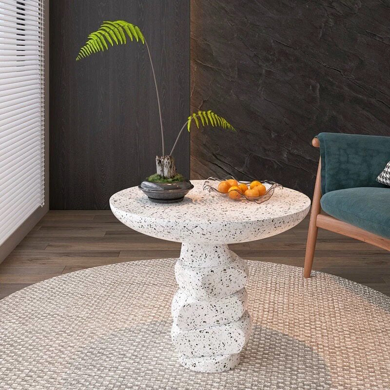 White Speckled Stone-Look Round Side Table, Sculptural Pedestal Accent Coffee Table with Organic Stacked Base for Living Room, Bedroom, Hotel, Villa and Lounge