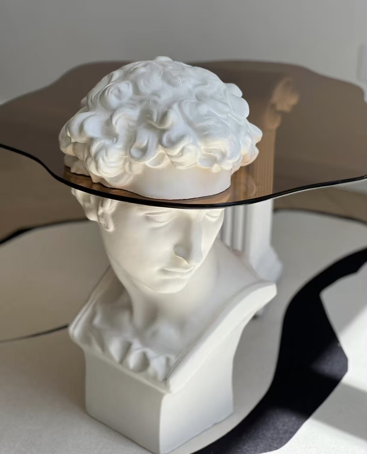 Oval Glass Coffee Table with Classical Bust and Ionic Column Base