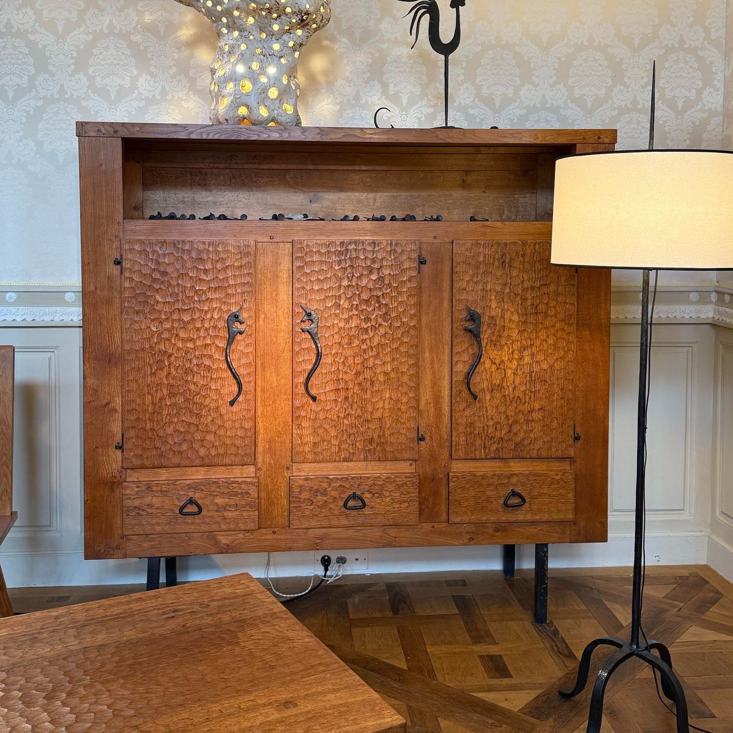 Tall Solid Wood Sideboard Cabinet, Rustic Buffet Storage Cabinet with Textured Doors and Drawers, Vintage Dining Room Credenza, Kitchen Hutch, Living Room Bar Cabinet