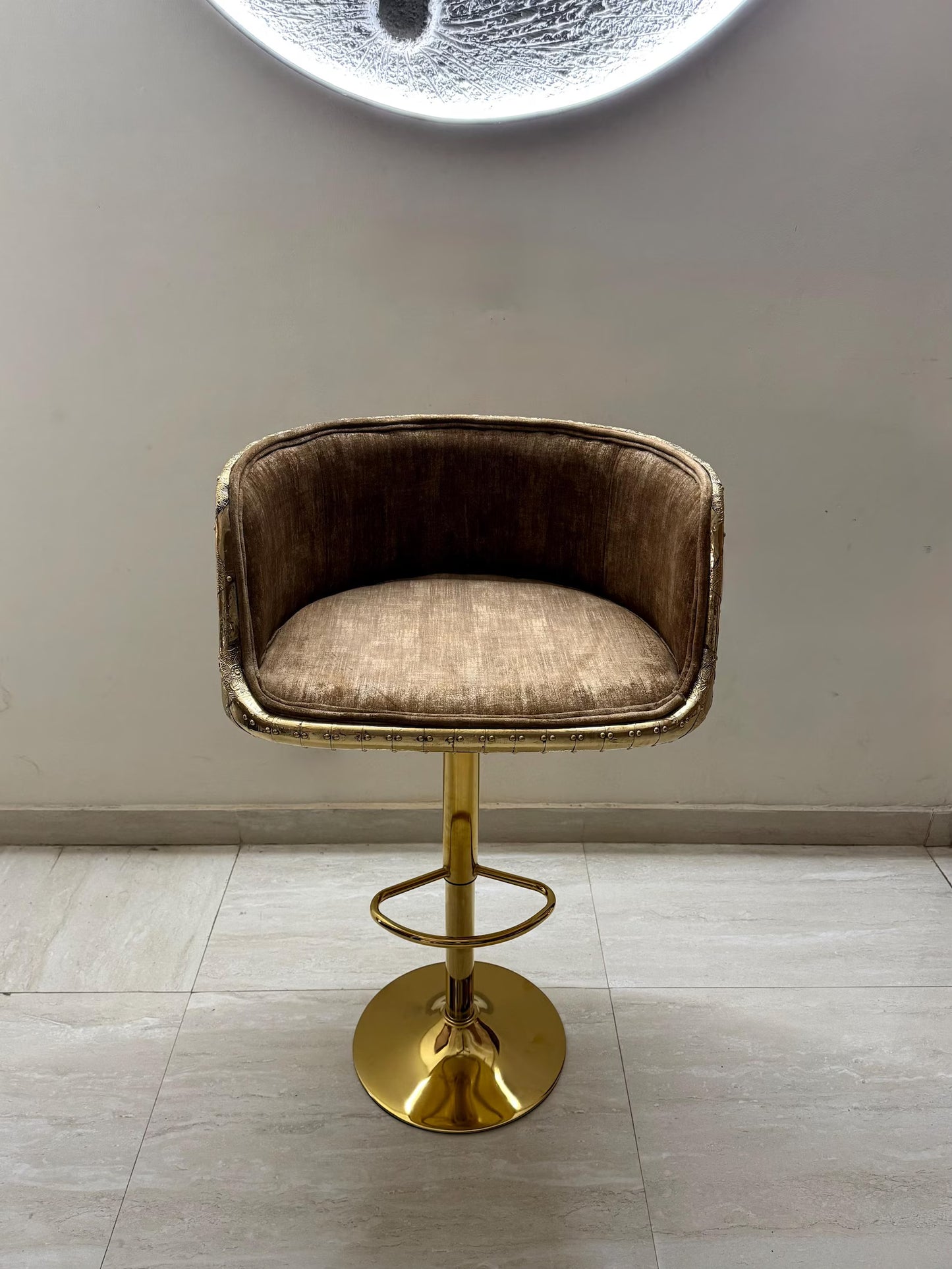 Luxury Handcrafted Brass Bar Stool | Hand-Engraved Diamond Pattern Chair for Kitchen Island | Unique Gold Metal Accent Furniture