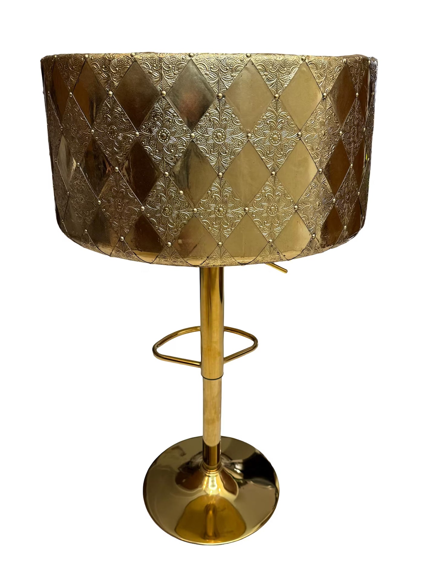 Luxury Handcrafted Brass Bar Stool | Hand-Engraved Diamond Pattern Chair for Kitchen Island | Unique Gold Metal Accent Furniture