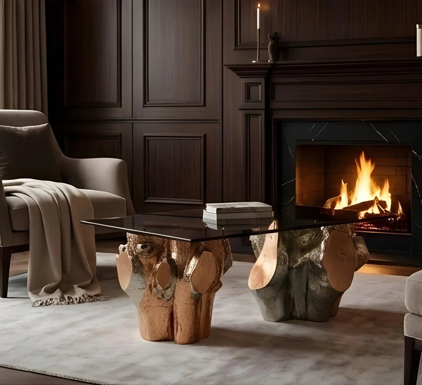 Luxury Teak Root Coffee Table | German Silver & Copper Clad Finish | High-Gloss Italian PU Polished Center Table