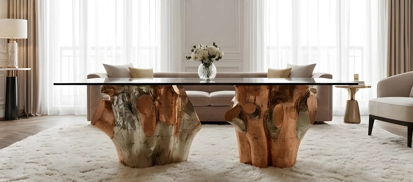 Luxury Teak Root Coffee Table | German Silver & Copper Clad Finish | High-Gloss Italian PU Polished Center Table