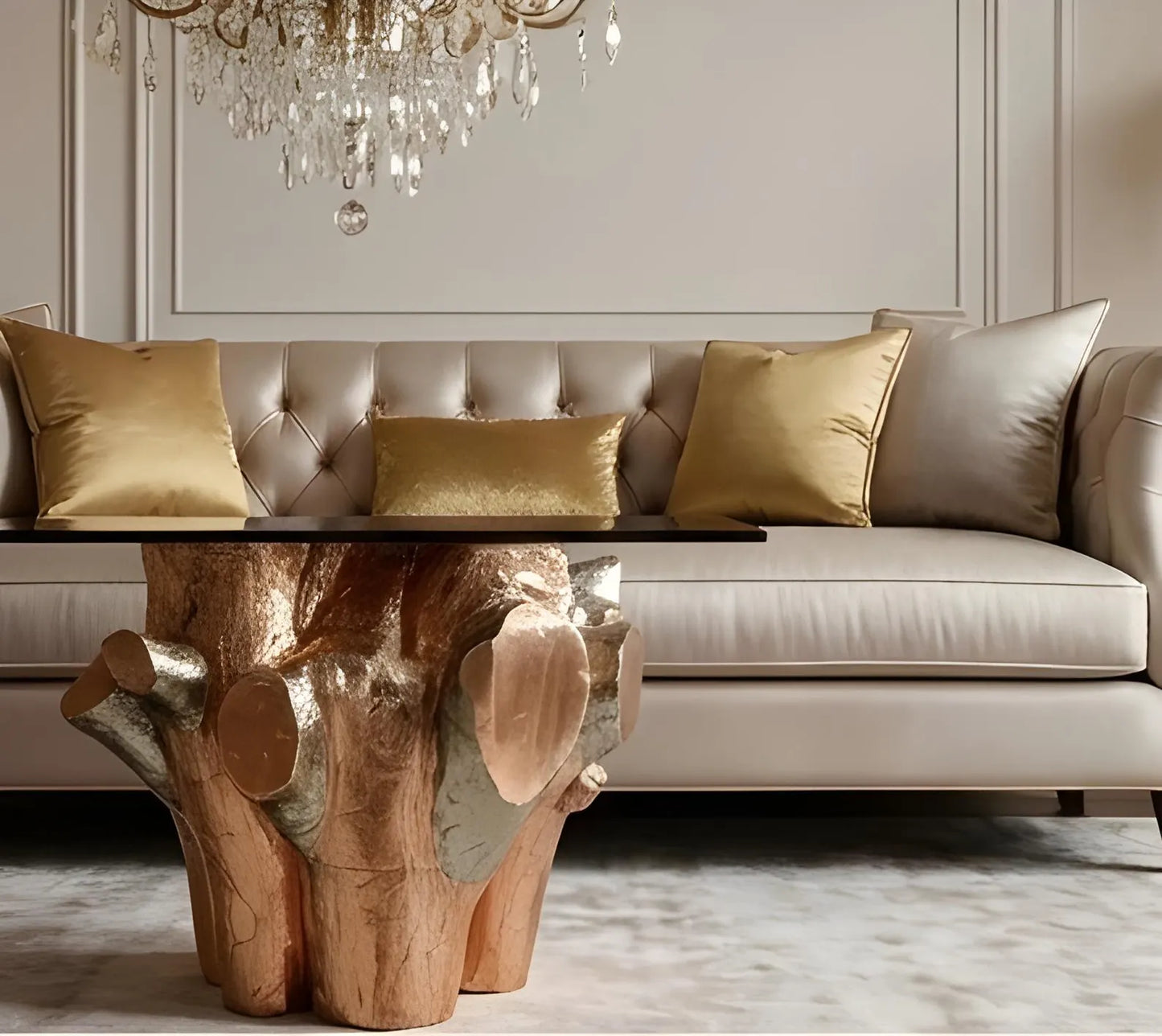 Luxury Teak Root Coffee Table | German Silver & Copper Clad Finish | High-Gloss Italian PU Polished Center Table
