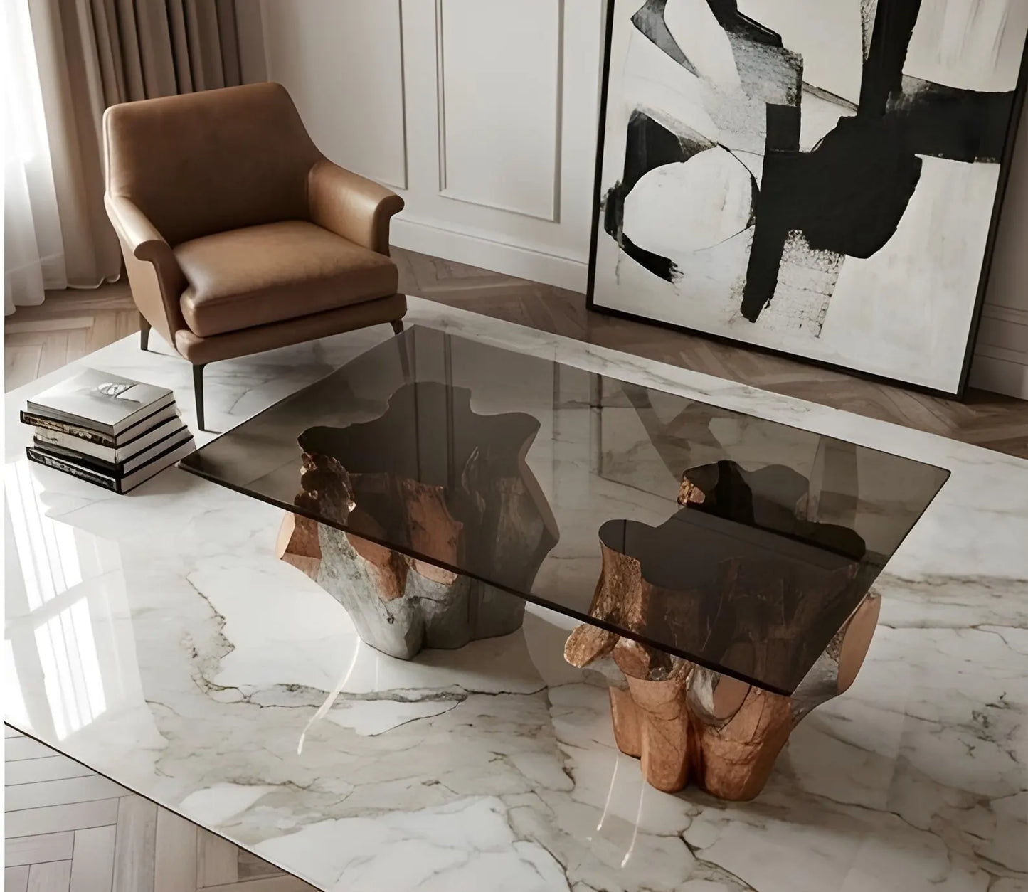 Luxury Teak Root Coffee Table | German Silver & Copper Clad Finish | High-Gloss Italian PU Polished Center Table