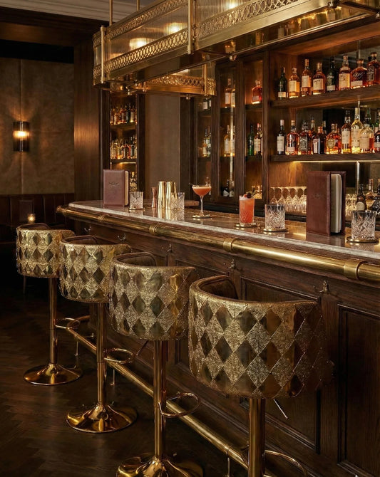 Luxury Handcrafted Brass Bar Stool | Hand-Engraved Diamond Pattern Chair for Kitchen Island | Unique Gold Metal Accent Furniture