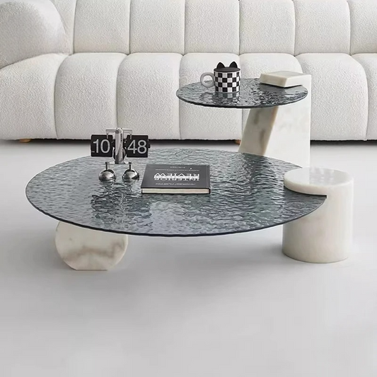 Modern Tempered Glass Coffee Table Set, Marble Base Round Center Table for Living Room & Household Decor