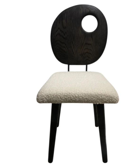 Black Wood Dining Chair with Cream Boucle Seat, Modern Round Back Chair with Cutout Detail, Wabi Sabi Accent Chair for Dining Room, Bedroom, Vanity, Study Desk, Cafe, Hotel, and Guest Seating