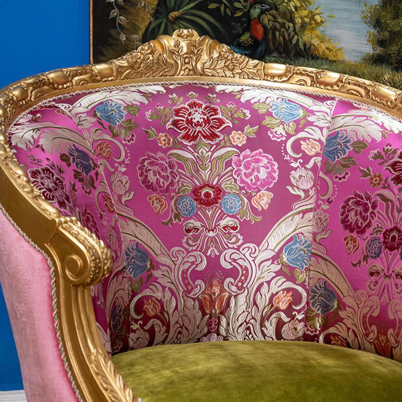 Pink and Green Floral Accent Chair with Gold Tone Carved Wood Frame, Upholstered Barrel Armchair for Living Room, Bedroom, Reading Corner, Lounge, Vanity Room and Luxury Home Decor