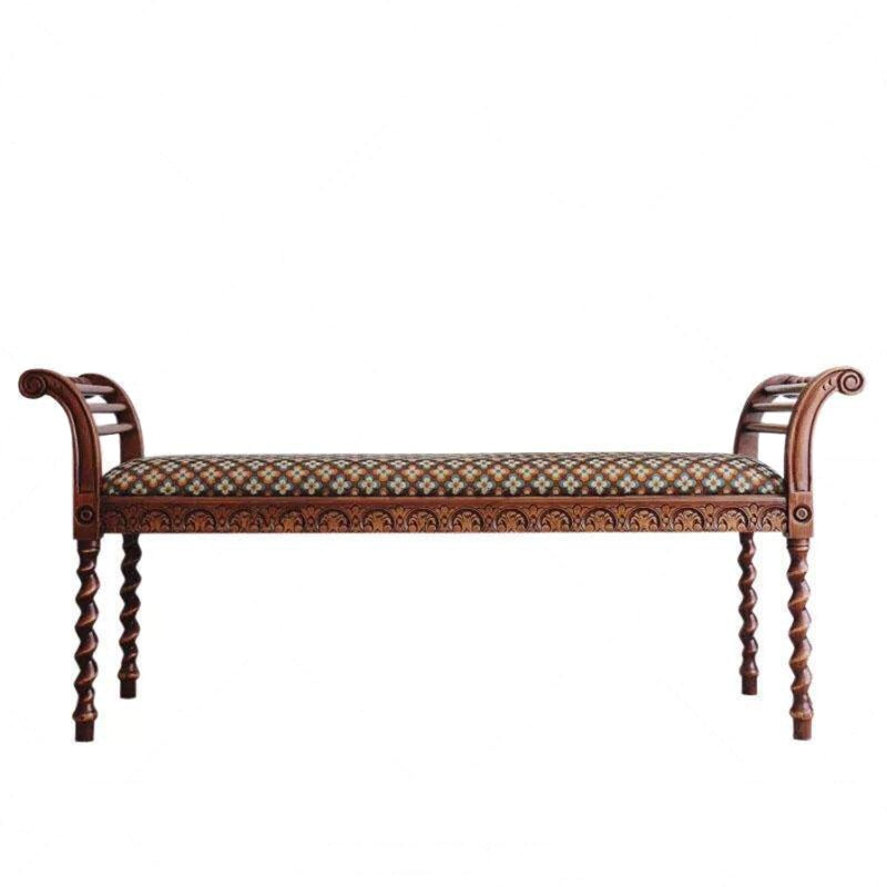 French Vintage Upholstered Bedroom Bench, Solid Wood End of Bed Bench with Jacquard Fabric Seat, Carved Entryway Shoe Bench, Living Room Accent Bench, Hallway Ottoman Bench
