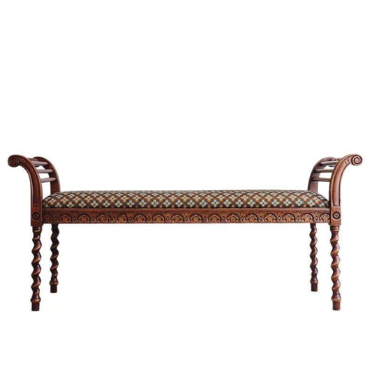 French Vintage Upholstered Bedroom Bench, Solid Wood End of Bed Bench with Jacquard Fabric Seat, Carved Entryway Shoe Bench, Living Room Accent Bench, Hallway Ottoman Bench