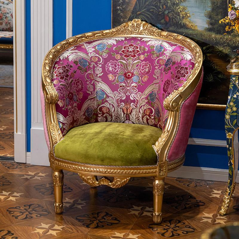 Pink and Green Floral Accent Chair with Gold Tone Carved Wood Frame, Upholstered Barrel Armchair for Living Room, Bedroom, Reading Corner, Lounge, Vanity Room and Luxury Home Decor