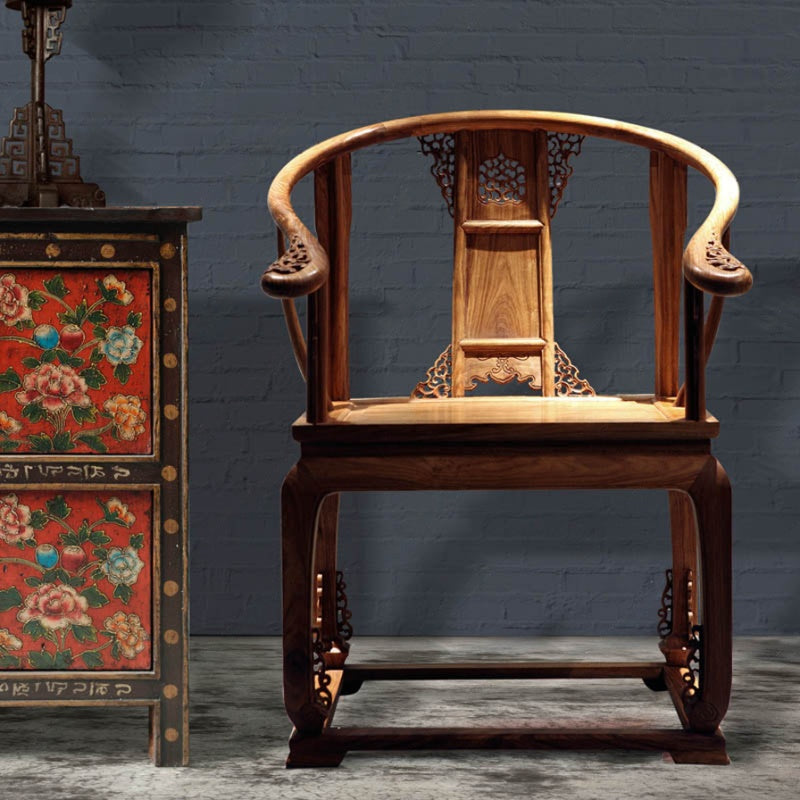 Solid Elm Wood Horseshoe Armchair, Chinese Tea Chair, Walnut Brown