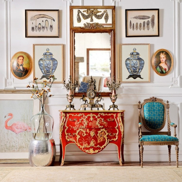 Red Hand Painted Accent Chest, French Style 2 Drawer Solid Wood Entryway Cabinet with Gold Carved Details, Luxury Console Storage Cabinet for Hallway, Living Room, Bedroom, Foyer