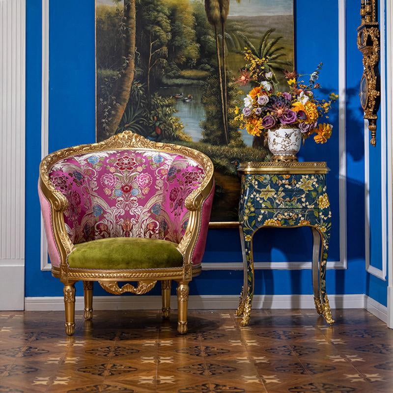 Pink and Green Floral Accent Chair with Gold Tone Carved Wood Frame, Upholstered Barrel Armchair for Living Room, Bedroom, Reading Corner, Lounge, Vanity Room and Luxury Home Decor