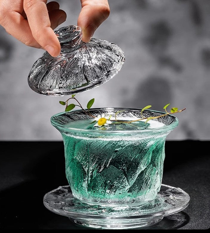 Textured Glass Gaiwan Tea Cup with Lid and Saucer, 5.3 oz
