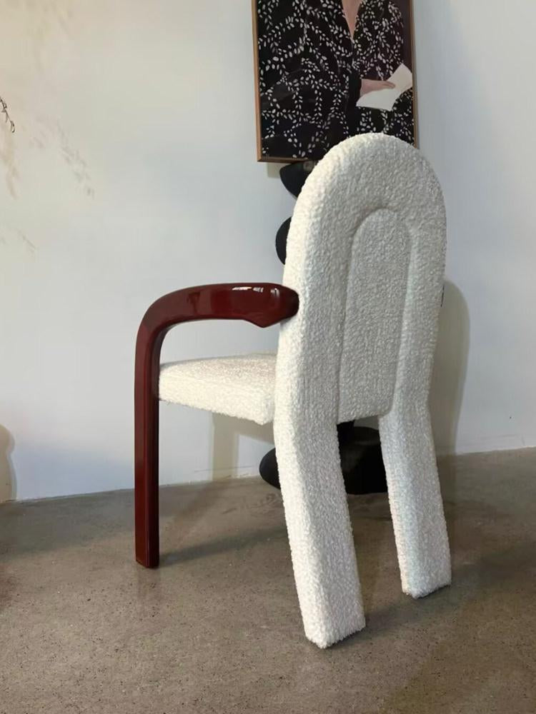 Cream Boucle Dining Chair with Curved Wood Arms, Upholstered Accent Armchair with Dark Brown Frame, Modern Vintage Dining Room Chair for Kitchen, Cafe, Study Desk, Bedroom, Living Room, and Small Spaces
