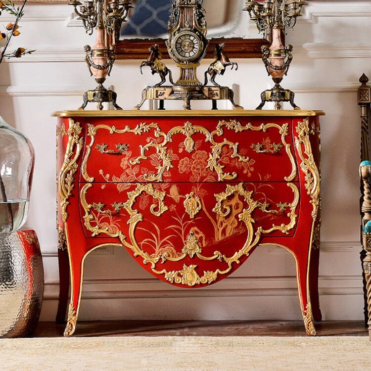 Red Hand Painted Accent Chest, French Style 2 Drawer Solid Wood Entryway Cabinet with Gold Carved Details, Luxury Console Storage Cabinet for Hallway, Living Room, Bedroom, Foyer