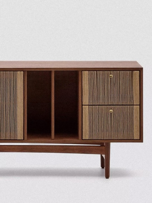 Woven Rope Front Wood Sideboard Cabinet, Vintage Style Credenza with Doors, Drawers, and Open Shelf, Freestanding Buffet Storage Cabinet for Dining Room, Living Room, Entryway, Hallway, and Home Organization