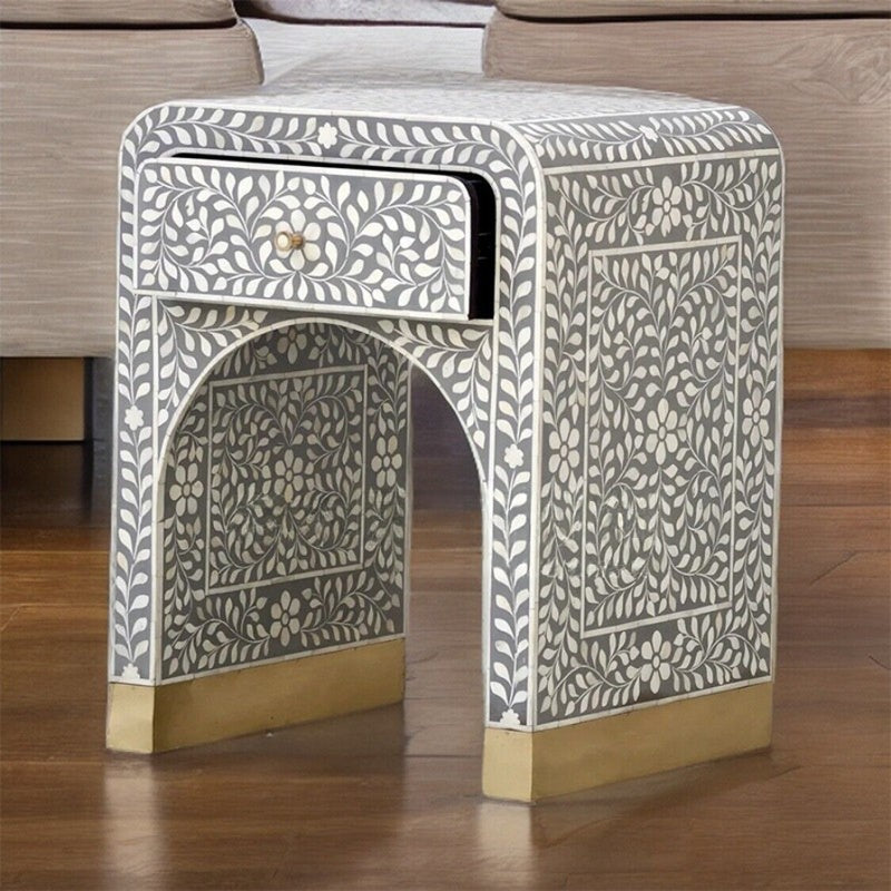 French Country Floral Fireplace Style Console Cabinet, Solid Wood Grey White Accent Storage Table with Drawer, Carved Style Entryway Hall Cabinet for Living Room, Foyer, Bedroom