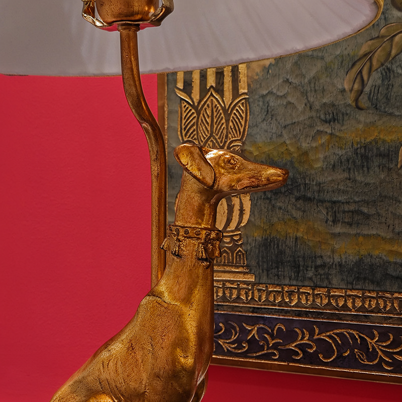 Gold Hound Dog Table Lamp with Oval Pleated Fabric Shade, Decorative Animal Accent Lamp for Living Room, Bedroom, Study, Office, Console Table and Luxury Home Decor