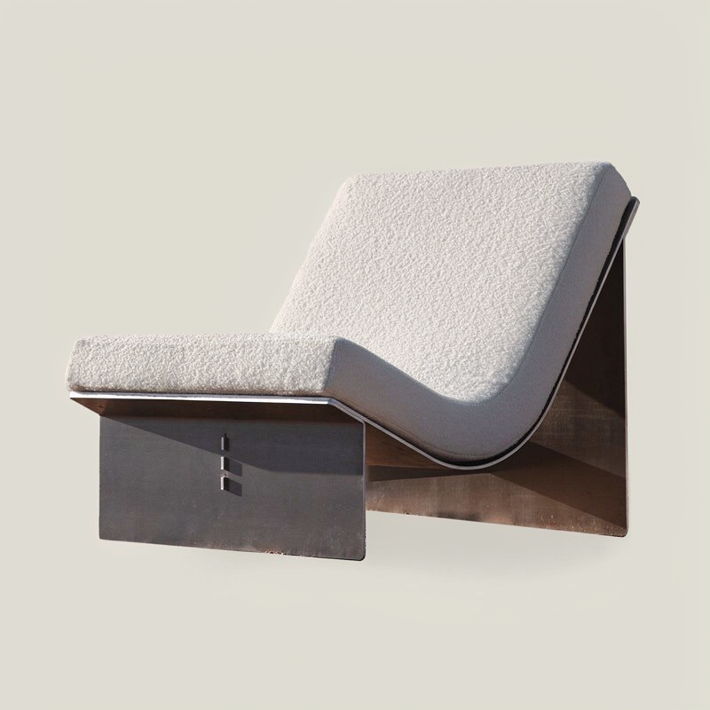 White Upholstered Chaise Lounge Chair with Brushed Metal Frame, Modern Minimalist Recliner Chair for Living Room, Bedroom, Balcony, Reading Corner, Office and Contemporary Home Decor