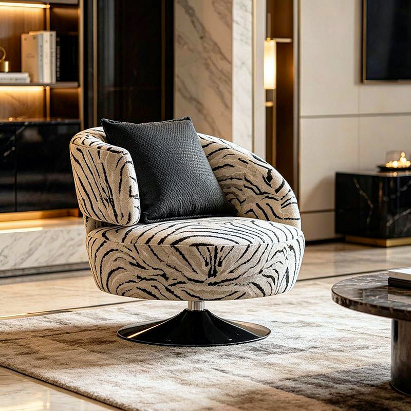 Zebra Print Swivel Barrel Accent Chair with Black Pillow, Upholstered Round Lounge Chair for Living Room, Bedroom, Reading Corner, Office, Balcony and Modern Home Decor