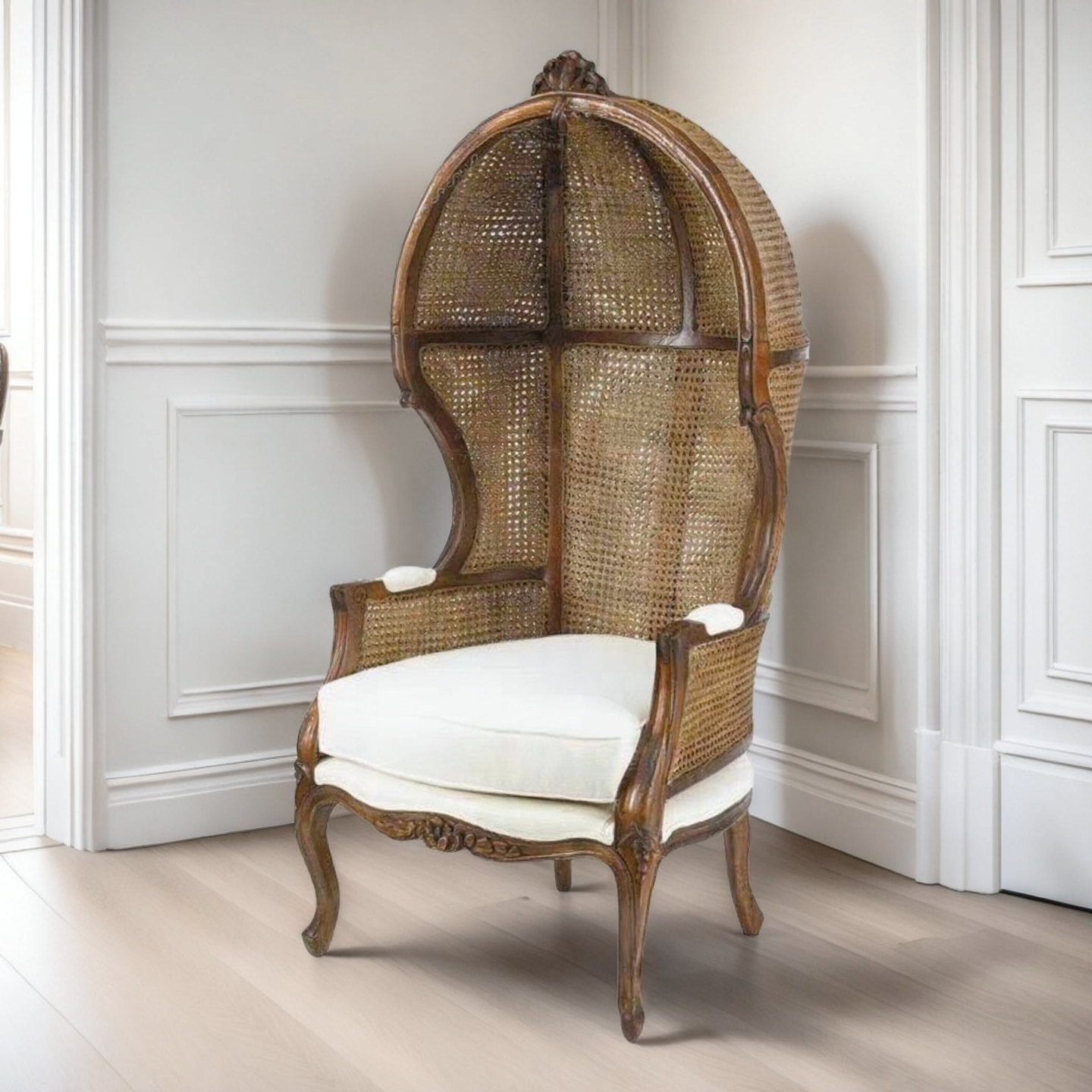 High Back Rattan Peacock Accent Chair with White Cushion, French Style Cane Birdcage Armchair for Living Room, Bedroom, Balcony, Reading Corner, Sunroom and Boho Home Decor