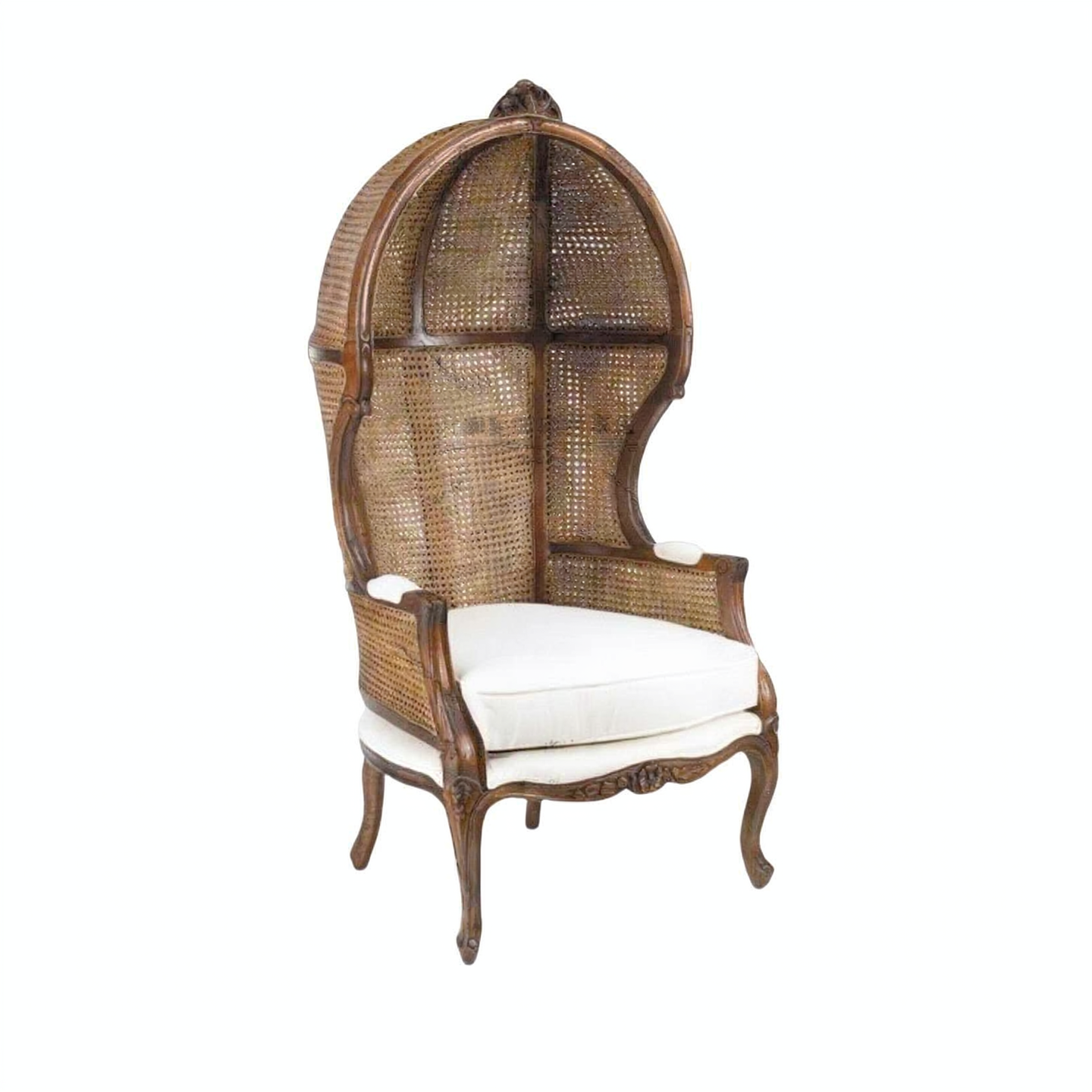 High Back Rattan Peacock Accent Chair with White Cushion, French Style Cane Birdcage Armchair for Living Room, Bedroom, Balcony, Reading Corner, Sunroom and Boho Home Decor