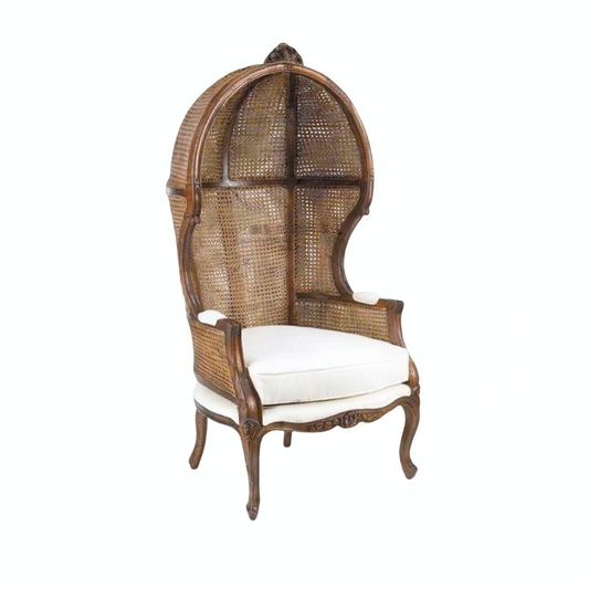 High Back Rattan Peacock Accent Chair with White Cushion, French Style Cane Birdcage Armchair for Living Room, Bedroom, Balcony, Reading Corner, Sunroom and Boho Home Decor