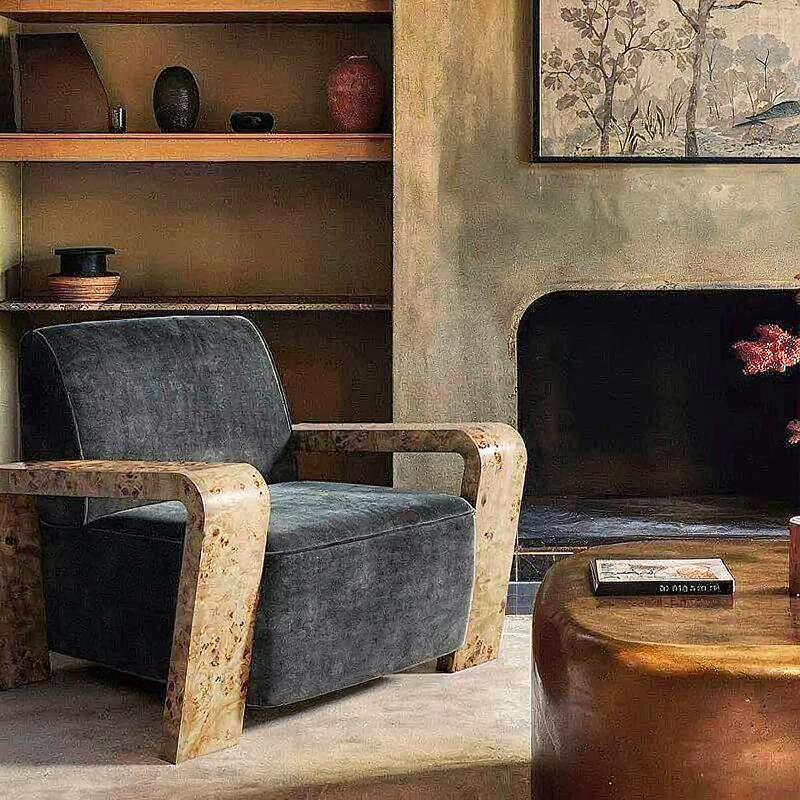 Black Linen Accent Chair with Burl Wood Arms, Modern Upholstered Lounge Armchair for Living Room, Bedroom, Office, Hotel Lobby, Reception Area, Reading Corner and Luxury Home Decor