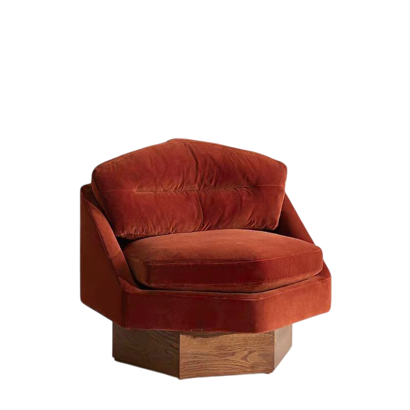 French Vintage Barrel Accent Chair, Rust Orange Upholstered Single Sofa Chair with Solid Ash Wood Base, Modern Luxury Lounge Chair for Living Room, Bedroom, Balcony, Reading Nook, Hotel and Apartment