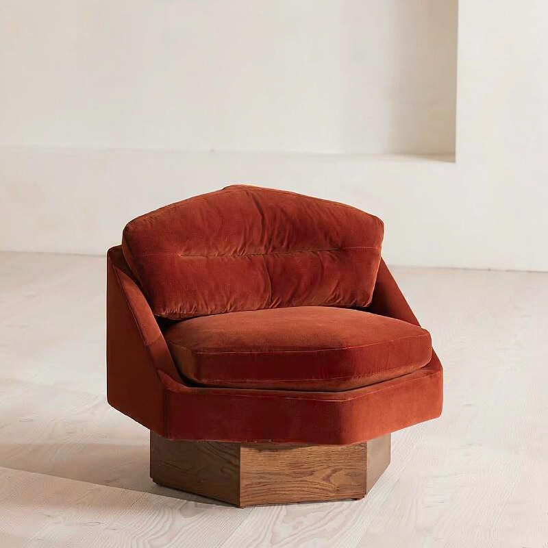 French Vintage Barrel Accent Chair, Rust Orange Upholstered Single Sofa Chair with Solid Ash Wood Base, Modern Luxury Lounge Chair for Living Room, Bedroom, Balcony, Reading Nook, Hotel and Apartment