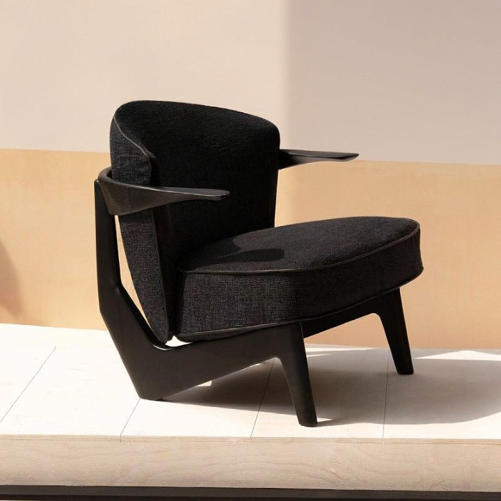 Wabi Sabi Black Accent Chair, Solid Ash Wood Frame Lounge Armchair with Upholstered Seat and Sculptural Arms, Modern Designer Style Single Sofa Chair for Living Room, Reception Area, Office and Reading Nook