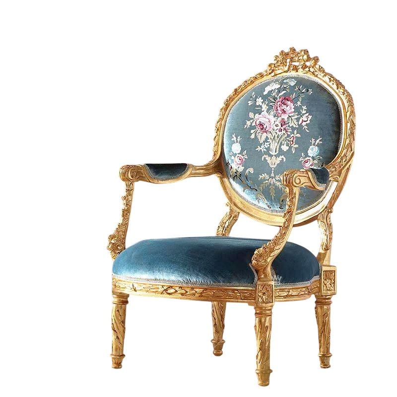 French Style Gold Leaf Dining Arm Chair, Blue Floral Upholstered Accent Chair with Carved Solid Wood Frame, Luxury Reception Chair for Living Room, Bedroom, Office, Lounge, Vanity