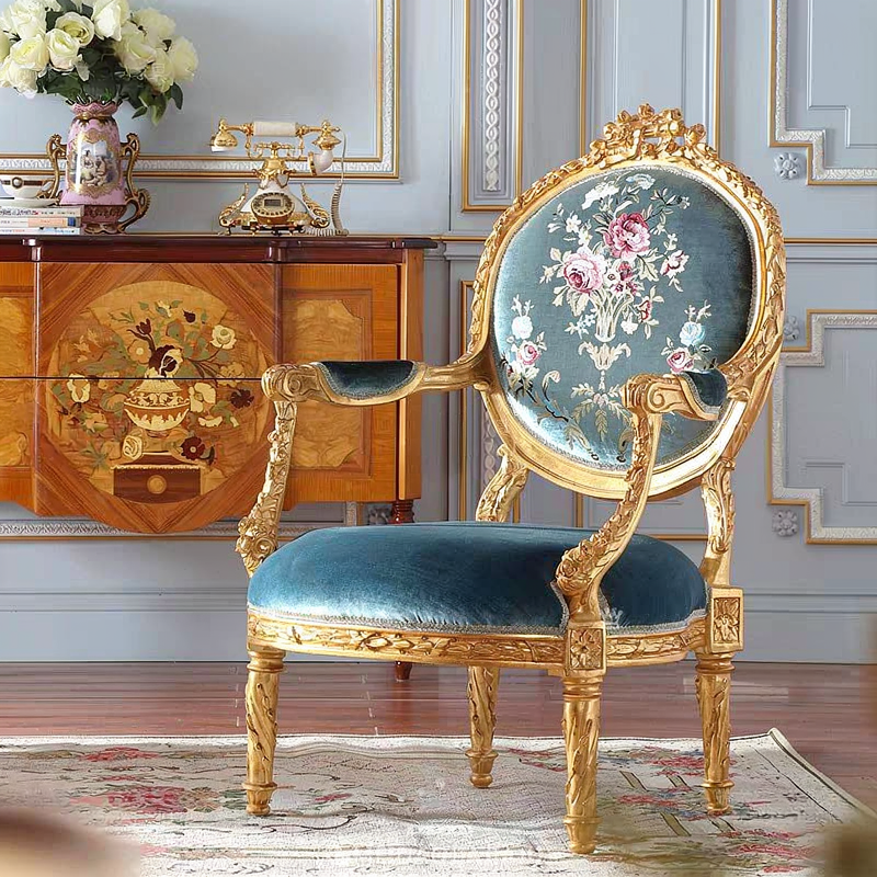 French Style Gold Leaf Dining Arm Chair, Blue Floral Upholstered Accent Chair with Carved Solid Wood Frame, Luxury Reception Chair for Living Room, Bedroom, Office, Lounge, Vanity